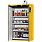 Yellow safety cabinet with open doors. Shelves filled with canisters and chemicals. Warning signs on the outside.