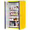 Yellow cabinet, open, filled with chemicals and hazard symbols.