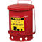 Red metal oily waste can with lid and handle. Marked "OILY WASTE CAN. EMPTY EVERY NIGHT".