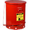Red, round waste container with lid. Sticker: "JUSTRITE", "EMPTY EVERY NIGHT".