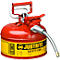 Red safety can with black and yellow lettering, handle and flexible spout.