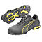 Black safety shoes with yellow accents. The sole shows the profile and the Puma logo. Yellow Puma stripes adorn the sides.