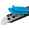 Close-up of a utility knife. The blade is silver, the blue housing is open.