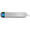 Gray cutter with black end and blue button. A white cutter blade protrudes. Text.