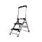 A silver step ladder with three steps and a black handle on a white background.