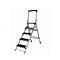 A silver step ladder with five steps stands against a white background. Black treads with red lettering.