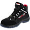 Black work boot from Elten. High shaft, lacing, red accents and reflective stripes.