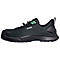 Black safety shoe by Uvex with green-black textile. Laces, sole and toe protection are black. Uvex lettering.