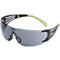 Protective glasses with gray lenses, black frame and greenish temple ends.