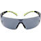 Safety glasses with gray lenses, black frame, and neon green temples.