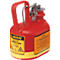 Red safety can with handle and silver closure. Yellow labels with warnings and product information.