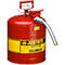 Red JUSTRITE safety can with yellow details and text. Handle and spout are metal.