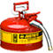 Red safety can with yellow sticker. Text: JUSTRITE SAFETY CAN. Flexible spout.