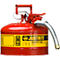 Red Justrite safety can with yellow label and a flexible spout.