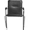 Black office chair, leather look, chromed metal frame, armrests.