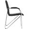 Black leather and chrome office chair, side view, armrests, modern design.