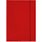 Rotes Notizbuch mit schwarzem Gummibandverschluss.