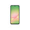 Ein Smartphone mit grün-rosa Farbverlauf auf dem Display, auf weißem Hintergrund. Das Telefon hat silberne Ränder und eine Kamera.