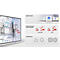 Ein Whiteboard-Display zeigt Architekturzeichnungen und Funktionen wie Whiteboard-Zugriff, klare Schrift und KI-Zeichentools.