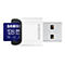 Ein weiÃŸer USB-Adapter mit einer eingelegten blauen Samsung Micro-SD-Karte.