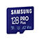 Blaue Samsung 128 Pro Plus Micro SD-Karte. Aufschrift: Samsung, 128, Pro Plus, microXC I, L3, A2, V30.