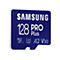 Blaue Samsung MicroSD-Karte mit weiÃŸer Schrift: 128 PRO Plus. Darunter das MicroSDXC Logo, U3, A2 V30.