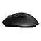 Souris d'ordinateur noire, vue latérale. Deux boutons, molette de défilement et forme ergonomique.