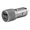 Silberner Sandberg USB-C Auto-Adapter. Oben ein USB-A-Anschluss, unten ein USB-C-Anschluss.