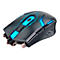Schwarze Gaming-Maus mit blauen Lichtern, Kabelanschluss.