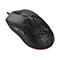 Schwarze Gaming-Maus mit Wabenmuster-Gehäuse und RGB-Beleuchtung vor weißem Hintergrund.