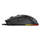 Schwarze Gaming-Maus mit Wabenmuster und RGB-Leuchtstreifen in der Seitenansicht.