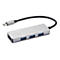 Silberner Sandberg USB-C Hub mit einem USB-3.0- und drei USB-2.0-Anschlüssen vor weißem Hintergrund.
