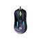 Schwarze Gaming-Maus mit farbiger Beleuchtung, DPI-Knopf und Kabel.