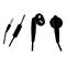 Nahaufnahme von schwarzen Ohrhörern, Klinkenstecker und Kabel vor weißem Hintergrund. Zwei Ohrhörer, Stecker, Kabel und Steuerung.