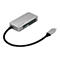 Silberner USB-C-Hub mit schwarzem Kabel, von Sandberg. Hub mit Kartenlesern und Anschluss.