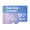 SanDisk Creator microSD-Karte. Blau-lila Farbverlauf. 512 GB Kapazität. Aufschrift: micro SDXC, A2, V30.