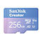 SanDisk Creator 256GB MicroSD-Karte, blau-lila Farbverlauf mit weißem Text.