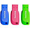 Trois clés USB colorées de SanDisk en bleu, rose et vert. Elles ont un connecteur USB et un trou.