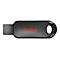 Schwarzer USB-Stick mit rotem "SanDisk"-Logo. Das rechte Ende hat ein Loch. Der USB-Anschluss ist links.