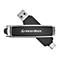 Schwarzer USB-Stick mit 'rekordbox' Logo und silbernen Akzenten. Stecker an beiden Enden erkennbar.