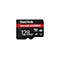 Schwarze Sandisk microSD Express Speicherkarte mit 128 GB Kapazität und rotem Streifen.