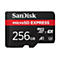 Schwarze microSD Karte mit rotem Streifen. Aufschrift: SanDisk, microSD EXPRESS, 256 GB, A1, und Logos.