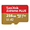 Gros plan sur une carte microSD SanDisk Extreme PLUS rouge et or. Le logo et les spécifications sont clairement visibles.