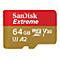 SanDisk Extreme microSD-Karte mit 64 GB Kapazität, weißer Schrift auf rotem und goldenem Hintergrund.