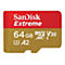 SanDisk Extreme 64GB MicroSD-Karte, rot-goldfarben. Aufschrift: 64GB, V30, A2.