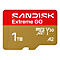 Rote und goldene SanDisk Extreme GO MicroSDXC-Karte, Aufschrift '1 TB'.