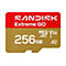 SD-Karte von SanDisk Extreme GO. Rot-goldfarben, mit weißer Schrift: SanDisk, Extreme GO, 256 GB, V30, A2.