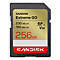 Nahaufnahme einer schwarzen SanDisk Extreme GO Speicherkarte. Auf der Karte stehen Angaben zur Speicherkapazität und Geschwindigkeit.