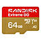 Eine rote und goldene Sandisk Extreme GO MicroSD-Karte mit weißen Schriftzügen, einschließlich "64 GB".