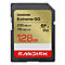 Eine schwarze SanDisk Extreme GO SD-Karte mit goldenem Etikett und roter Schrift: "128GB", "230 MB/s R", "110 MB/s W".